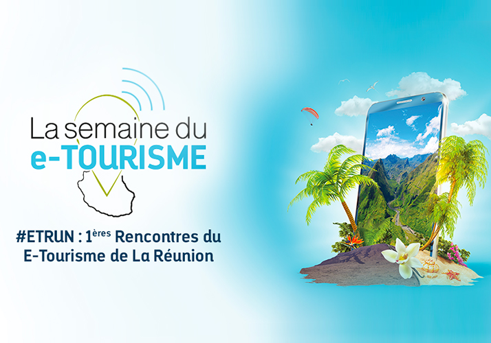 Affiche de "La semaine du e-TOURISME" avec un smartphone et paysage tropical.