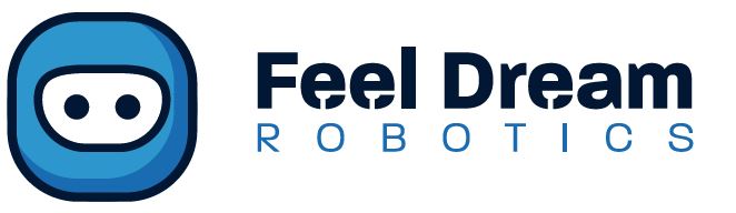 Logo de Feel Dream Robotics avec icône de robot bleu.