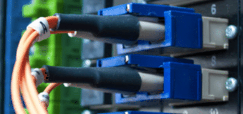 Câbles fibre optique connectés à un panneau de distribution réseau.