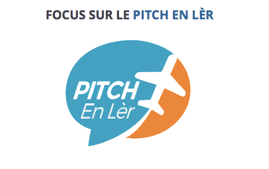 Logo "Pitch En Lèr" avec avion et bulle de dialogue.