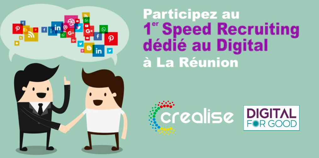 Deux personnages se serrent la main, logos de réseaux sociaux, texte sur un événement digital.