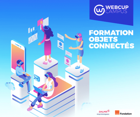 Illustration de personnes utilisant des appareils connectés, texte "Formation Objets Connectés".