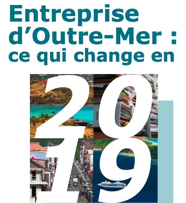 Texte : "Entreprise d’Outre-Mer : ce qui change en 2019" avec images tropicales et urbaines.