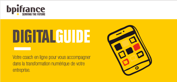 Guide numérique Bpifrance pour transformation digitale des entreprises, avec illustration de smartphone.