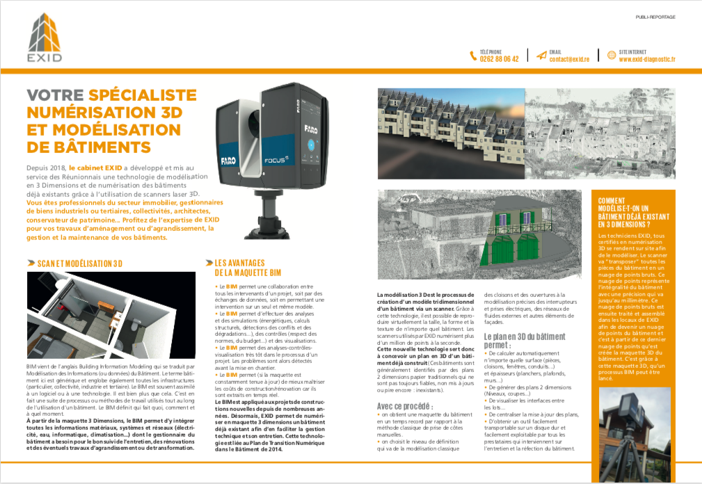 Brochure sur la numérisation et modélisation 3D de bâtiments par EXID.