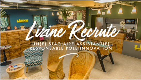 Espace de coworking avec texte "Lizine recrute un(e) stagiaire assistant(e)".
