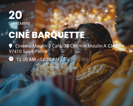 Trois personnes regardant un film avec du popcorn, texte d'&eacute;v&eacute;nement "Cin&eacute; Barquette".