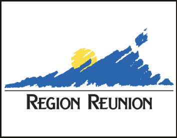 Logo de la R&eacute;gion R&eacute;union avec montagne bleue et soleil jaune.