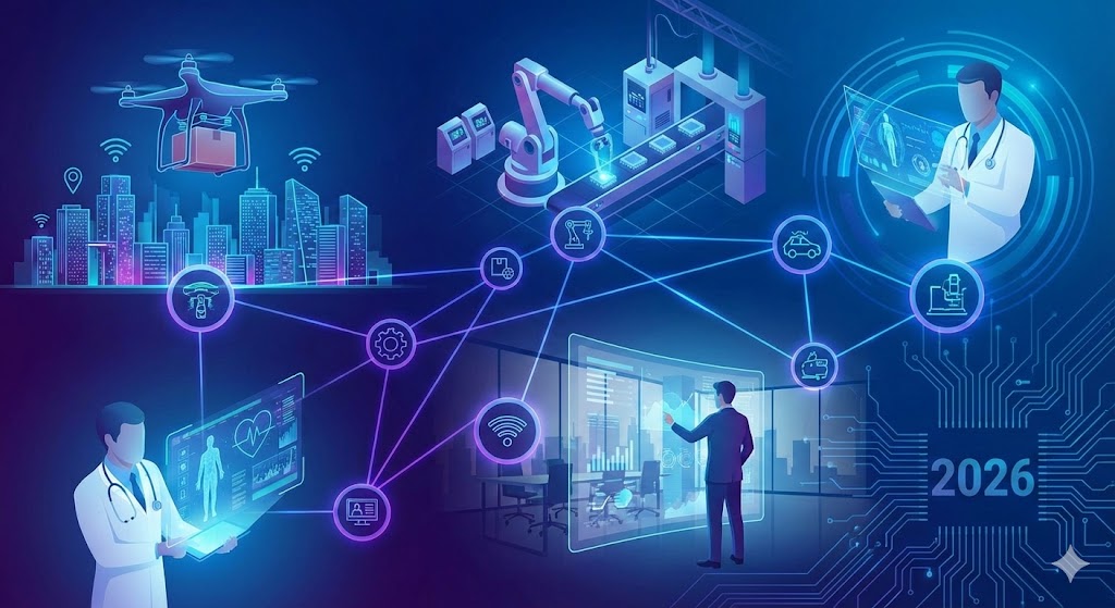 Futuristic technology network with doctors, drones, robots, and digital interfaces in 2026.