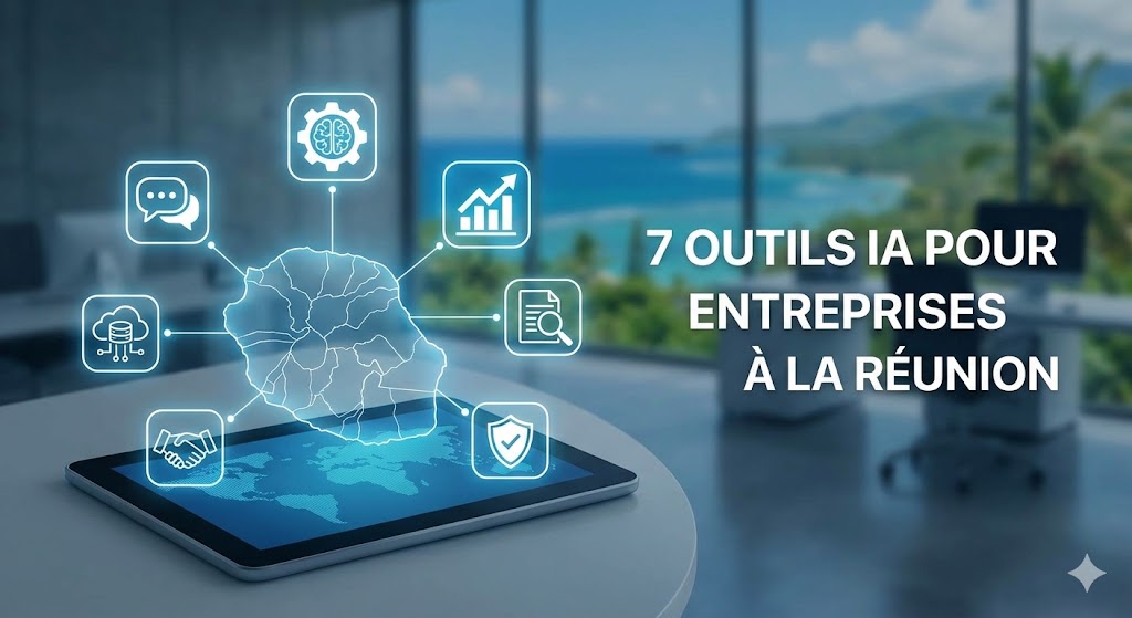 Tablette avec carte de la R&eacute;union et ic&ocirc;nes d'outils IA pour entreprises.
