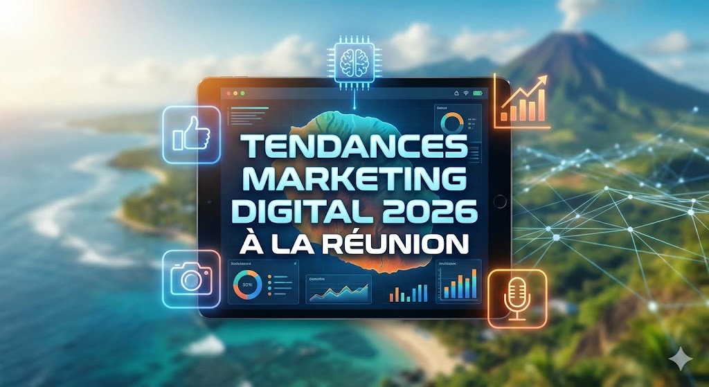 Texte sur une tablette : "Tendances marketing digital 2026 &agrave; La R&eacute;union".