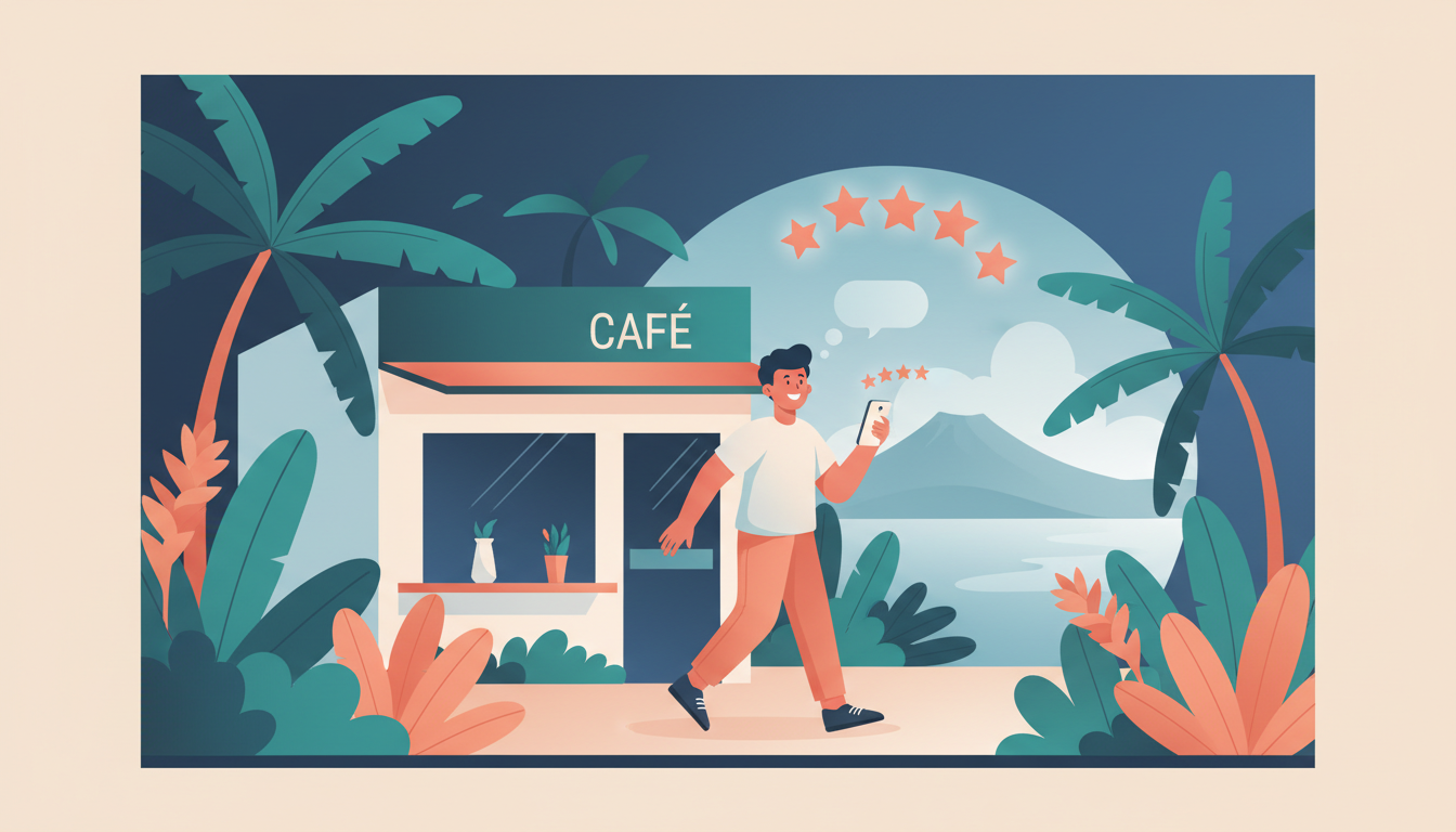Illustration d'une restauratrice réunionnaise consultant les avis clients de son établissement sur son smartphone