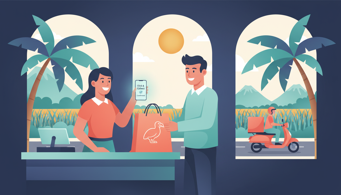 Illustration d'un client retirant une commande préparée dans un commerce de proximité réunionnais, avec un smartphone affichant une confirmation