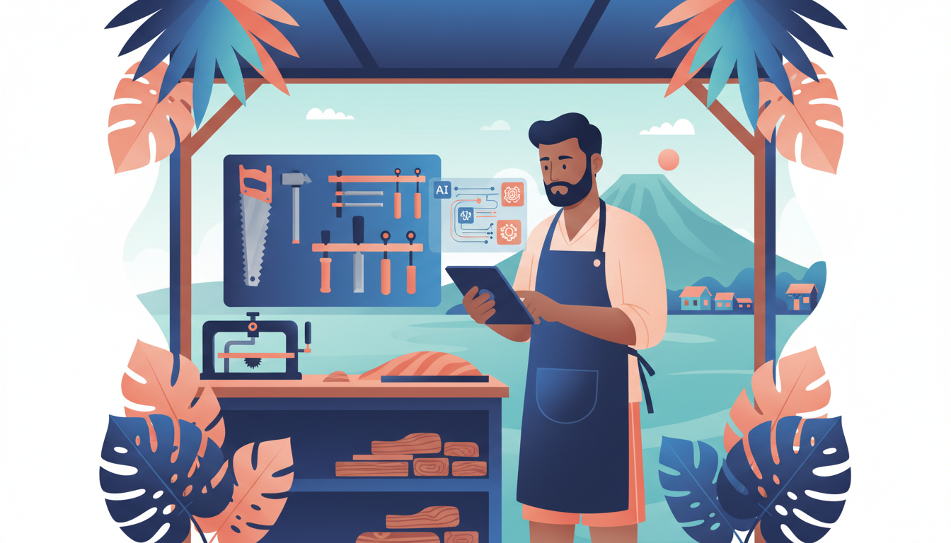 Illustration d'un artisan réunionnais dans son atelier utilisant un smartphone avec des icônes d'intelligence artificielle