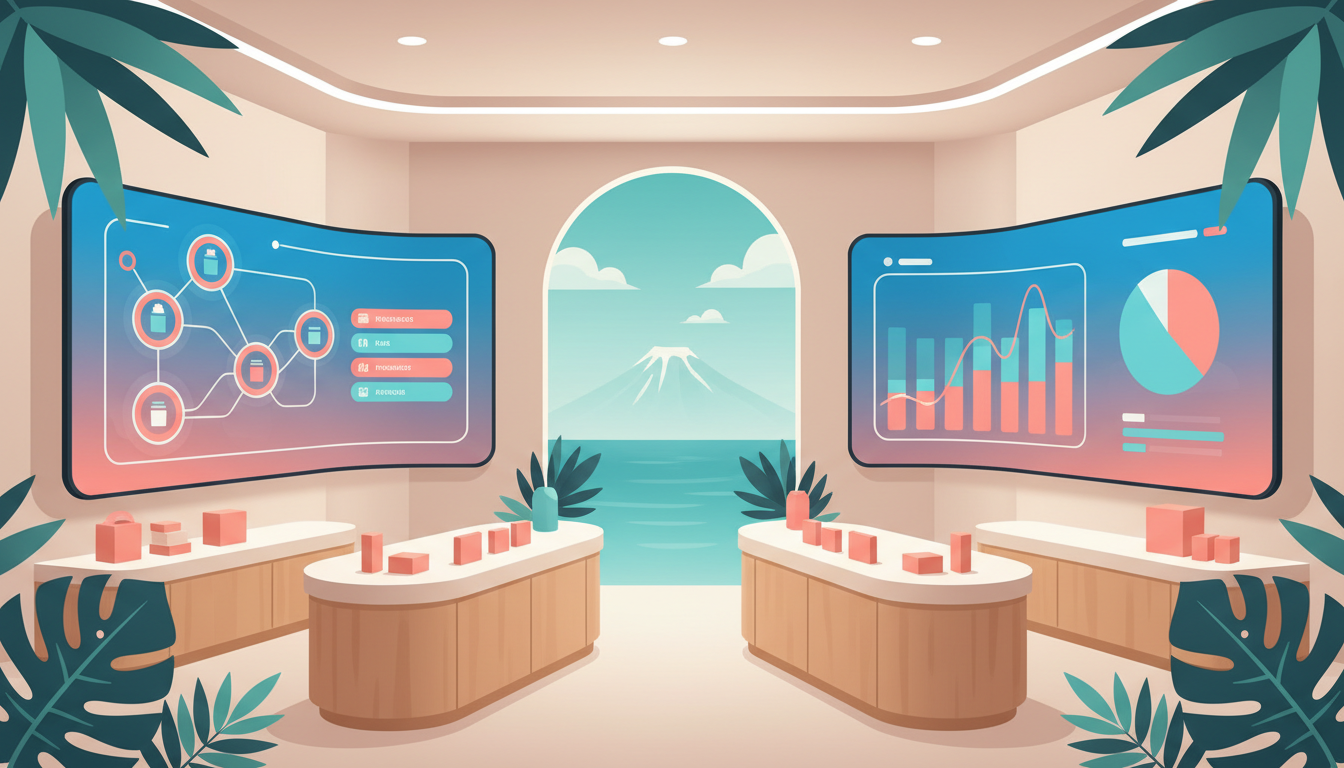 Illustration d'un commerçant réunionnais utilisant l'intelligence artificielle sur une tablette dans sa boutique