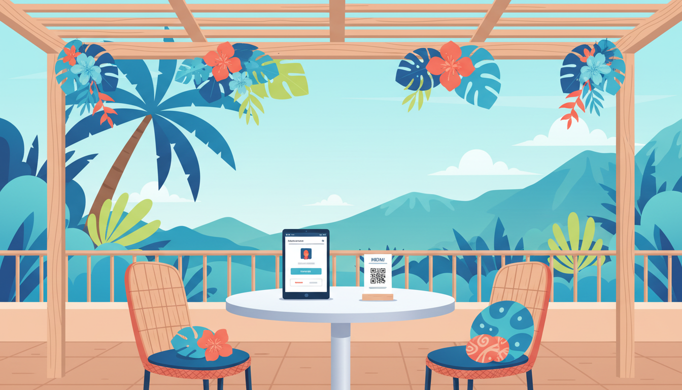 Illustration d'un restaurant créole réunionnais avec un client consultant le menu sur son smartphone et des étoiles d'avis clients