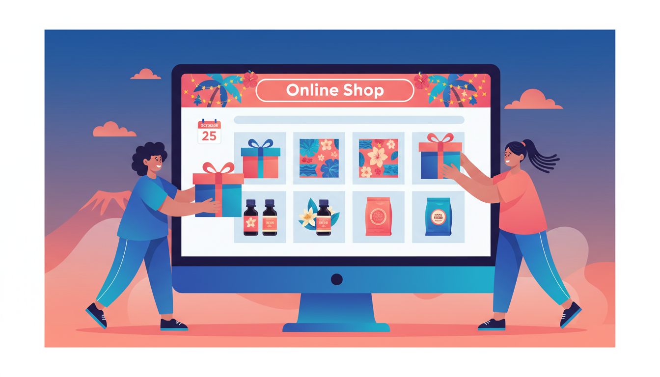 Illustration d'une commerçante réunionnaise préparant sa boutique en ligne pour les fêtes de fin d'année