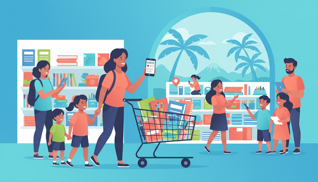 Commer&ccedil;ant r&eacute;unionnais pr&eacute;parant sa boutique et sa visibilit&eacute; en ligne pour le pic d'achats de la rentr&eacute;e scolaire australe