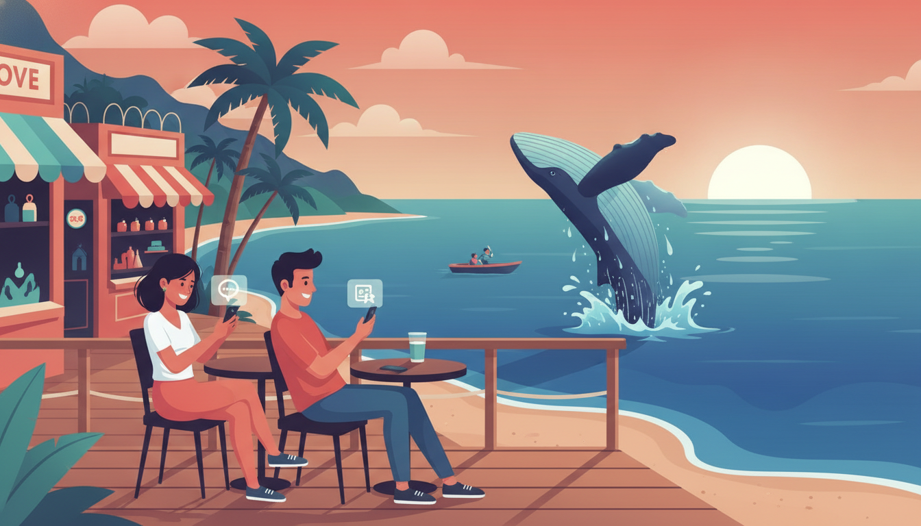 Baleine &agrave; bosse au large de La R&eacute;union avec des touristes consultant leur smartphone pour trouver un restaurant local
