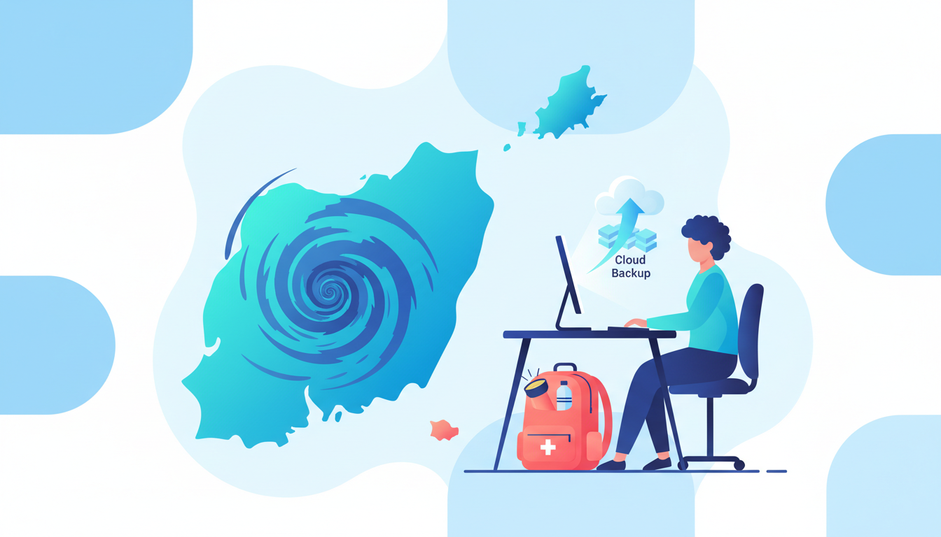 Illustration d'une entrepreneuse réunionnaise préparant son kit de continuité numérique avant la saison cyclonique
