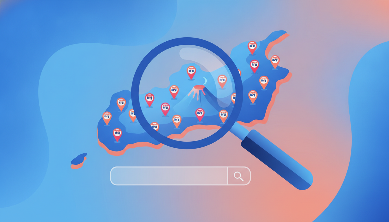 Illustration d'une carte de La Réunion avec des repères de géolocalisation et une loupe symbolisant la recherche locale sur Google
