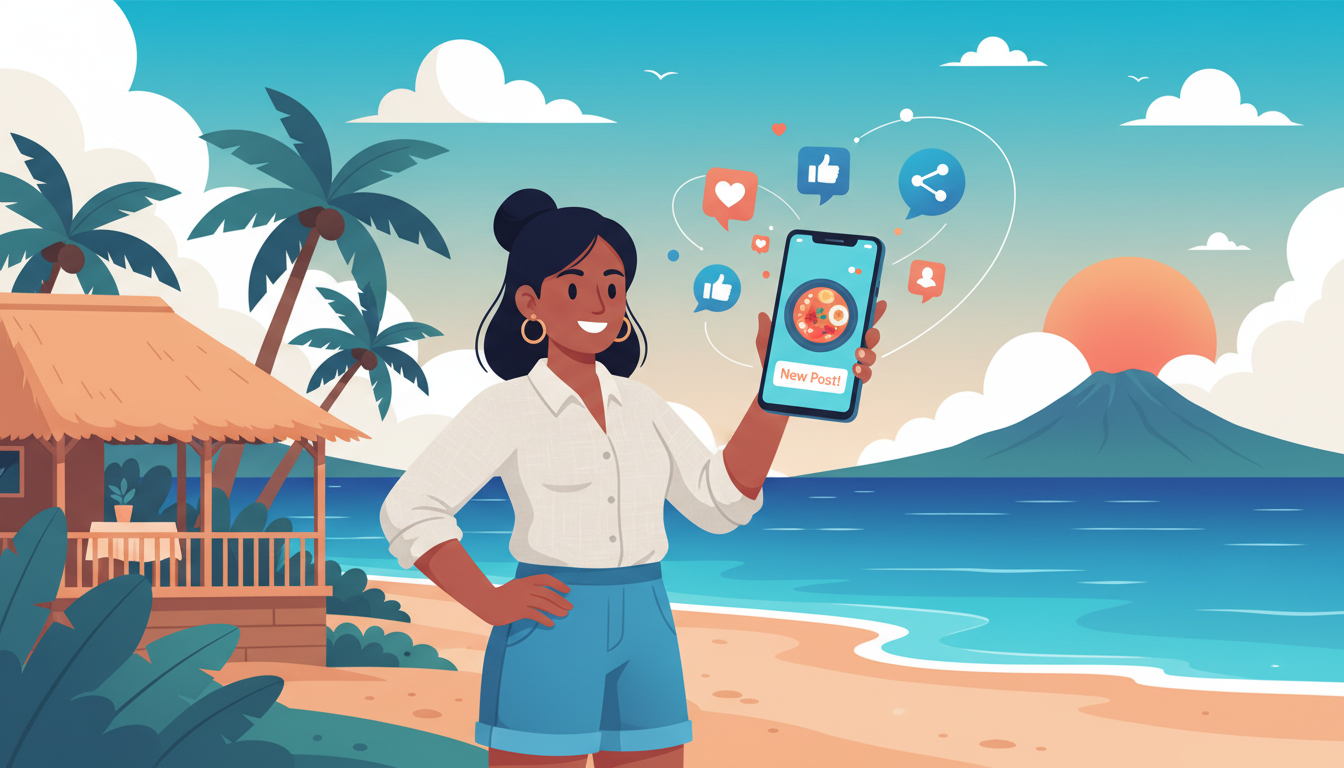 Commerçante réunionnaise publiant sur les réseaux sociaux depuis son smartphone