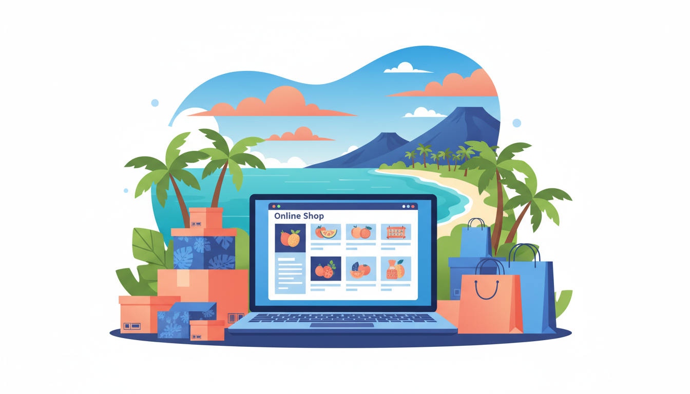 Illustration d'un commerçant réunionnais préparant des commandes en ligne dans sa boutique