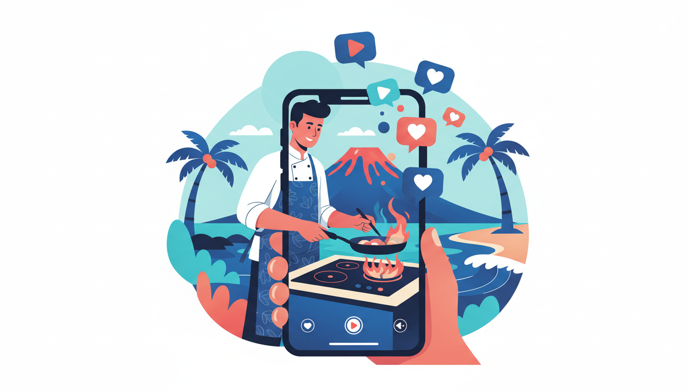 Illustration d'un smartphone filmant une scène d'entreprise réunionnaise en format vertical, entouré d'icônes de lecture vidéo