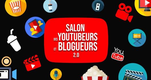 Texte : "Salon des YouTubeurs et Blogueurs 2.0" entouré d'icônes de médias.