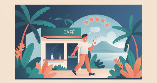 Illustration d'une restauratrice r&eacute;unionnaise consultant les avis clients de son &eacute;tablissement sur son smartphone