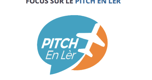 Logo "Pitch En Lèr" avec avion et bulle de dialogue.