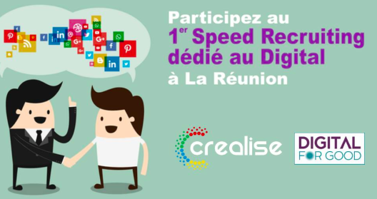 Deux personnages se serrent la main, logos de réseaux sociaux, texte sur un événement digital.