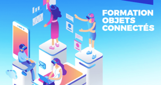 Illustration de personnes utilisant des appareils connectés, texte "Formation Objets Connectés".