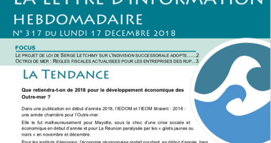 Lettre d'information hebdomadaire sur le développement économique des Outre-mer, décembre 2018.