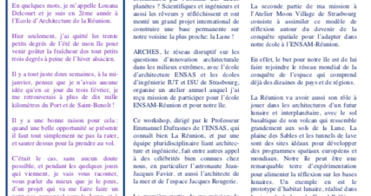 Page de newsletter intitulée "MY MOON MISSION" avec articles sur l'exploration spatiale.
