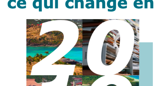 Texte : "Entreprise d’Outre-Mer : ce qui change en 2019" avec images tropicales et urbaines.