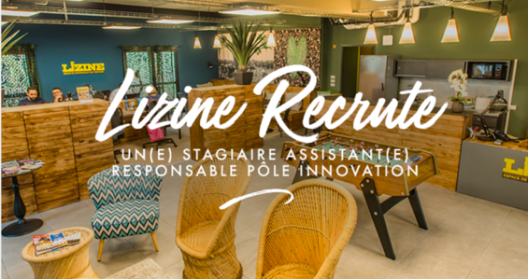 Espace de coworking avec texte "Lizine recrute un(e) stagiaire assistant(e)".