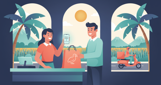 Illustration d'un client retirant une commande pr&eacute;par&eacute;e dans un commerce de proximit&eacute; r&eacute;unionnais, avec un smartphone affichant une confirmation