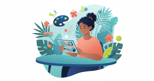 Restauratrice réunionnaise créant ses visuels de communication avec un outil d'intelligence artificielle sur tablette