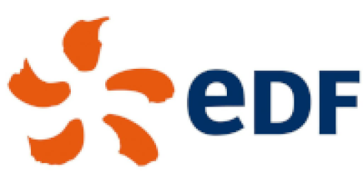 Logo EDF avec symbole orange en forme de turbine.