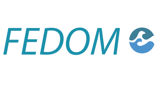 Logo de FEDOM avec un symbole de vague bleue.