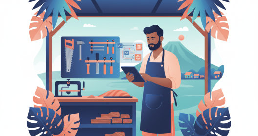 Illustration d'un artisan r&eacute;unionnais dans son atelier utilisant un smartphone avec des ic&ocirc;nes d'intelligence artificielle