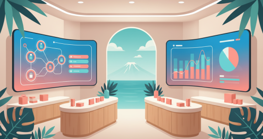 Illustration d'un commer&ccedil;ant r&eacute;unionnais utilisant l'intelligence artificielle sur une tablette dans sa boutique