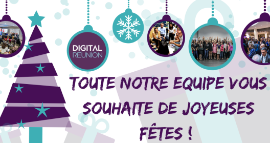 Sapin violet, boules de Noël, texte "Toute notre équipe vous souhaite de joyeuses fêtes".