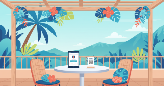 Illustration d'un restaurant cr&eacute;ole r&eacute;unionnais avec un client consultant le menu sur son smartphone et des &eacute;toiles d'avis clients