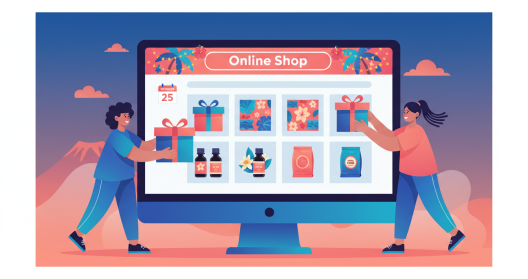 Illustration d'une commerçante réunionnaise préparant sa boutique en ligne pour les fêtes de fin d'année