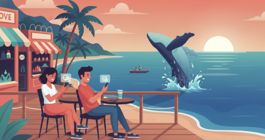 Baleine à bosse au large de La Réunion avec des touristes consultant leur smartphone pour trouver un restaurant local