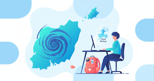 Illustration d'une entrepreneuse réunionnaise préparant son kit de continuité numérique avant la saison cyclonique