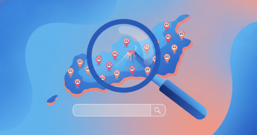 Illustration d'une carte de La R&eacute;union avec des rep&egrave;res de g&eacute;olocalisation et une loupe symbolisant la recherche locale sur Google