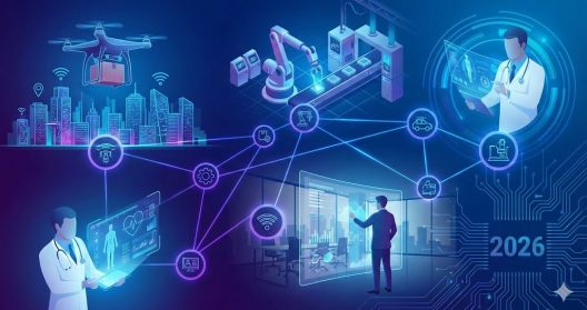 Futuristic technology network with doctors, drones, robots, and digital interfaces in 2026.